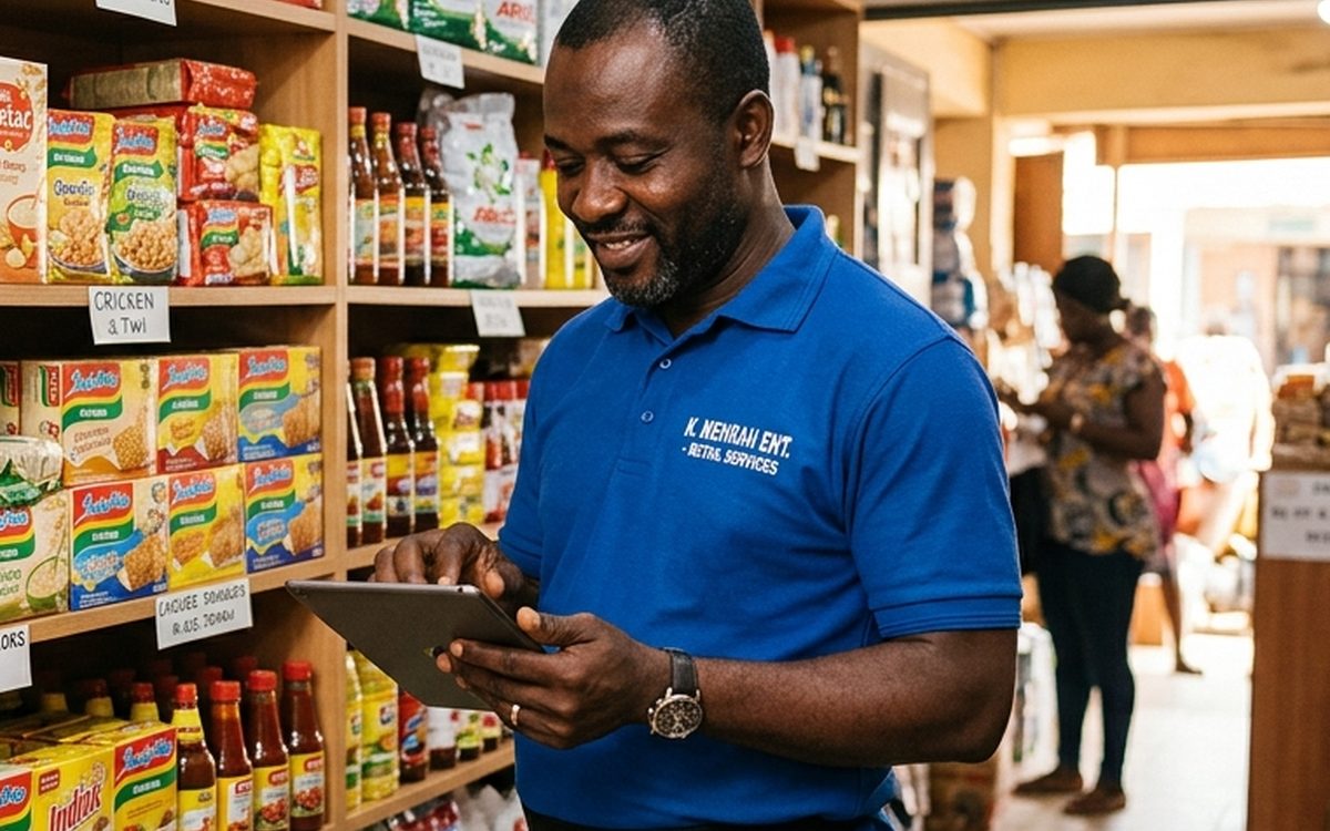Shop owner checking stock on shelves with a tablet