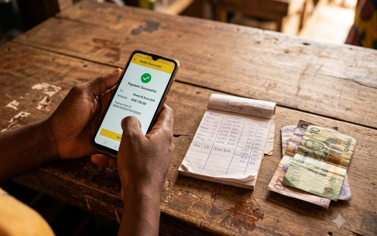 Hands holding a phone showing a mobile money payment next to cedi notes