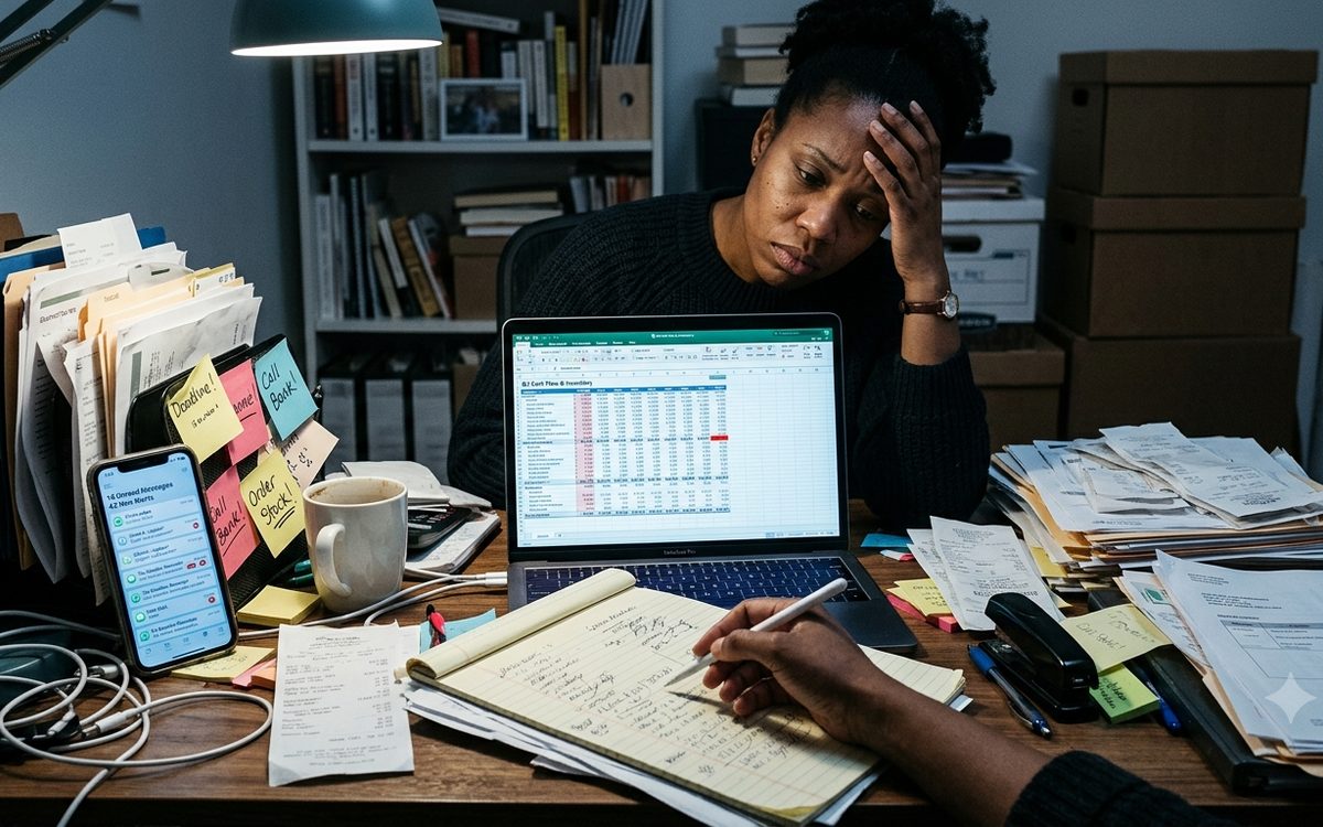 Overwhelmed business owner surrounded by spreadsheets and unread messages