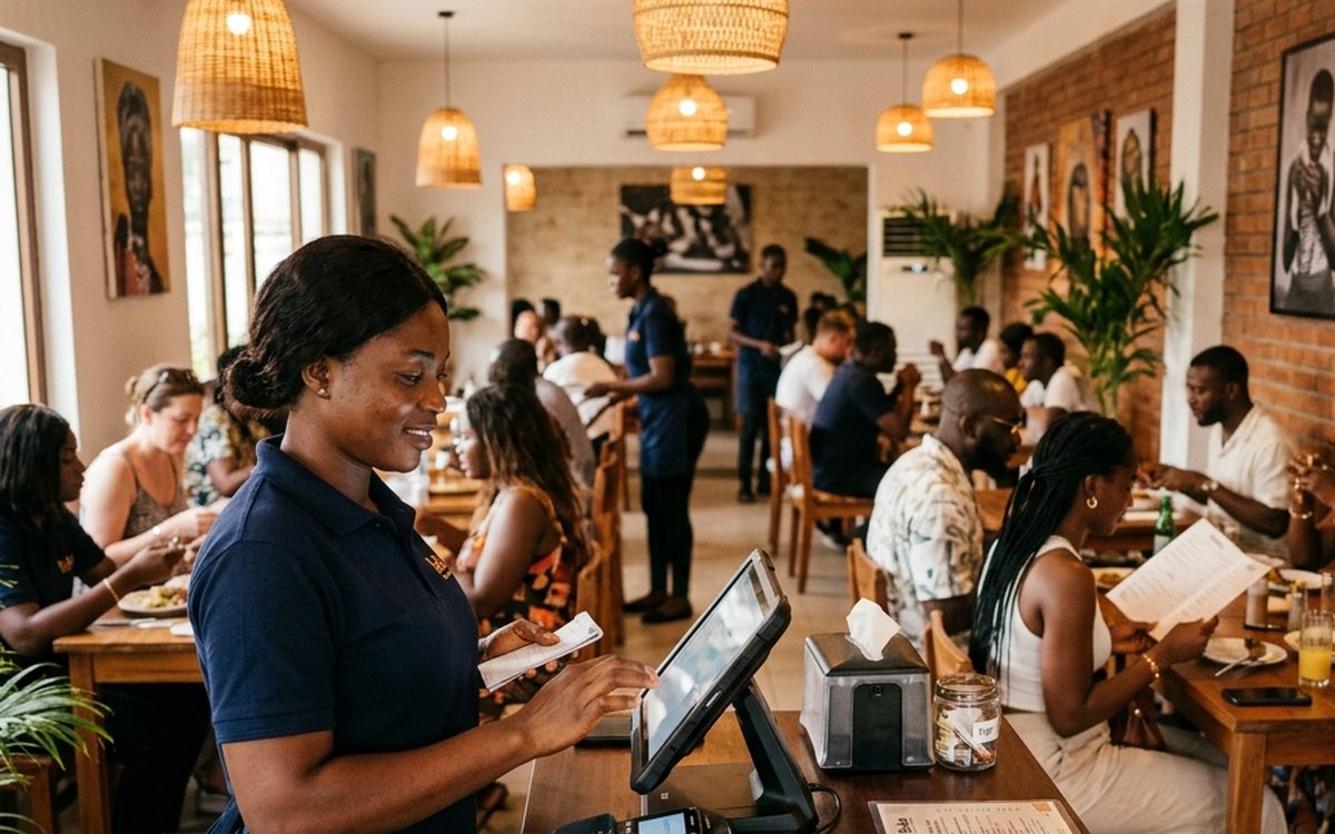 Restaurant staff member using a tablet POS system