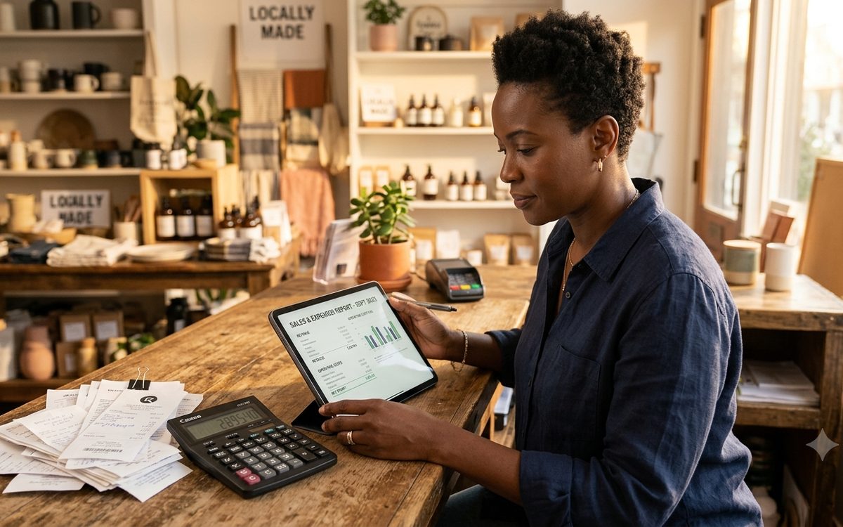 Business owner reviewing a sales and expenses report on a tablet