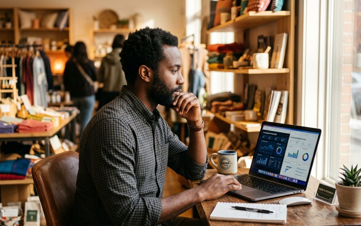 Business owner comparing two software dashboards on a laptop